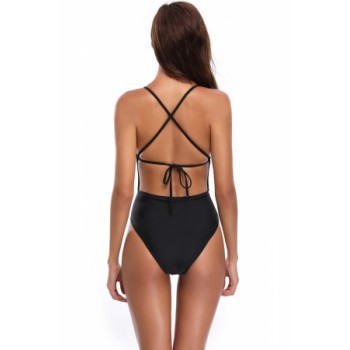 Red Strappy Cage Front Open Back One Piece Swimsuit Black